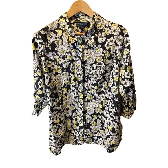Karen Scott Black White Yellow Floral 3/4 Sleeve Button Up Blouse Top Sz 2X - Picture 1 of 7
